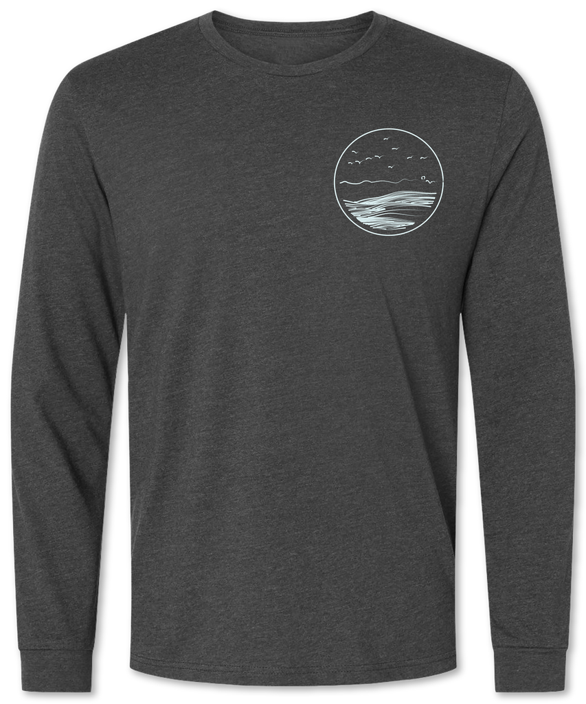 Small chest print with a wave design on a premium long sleeve shirt