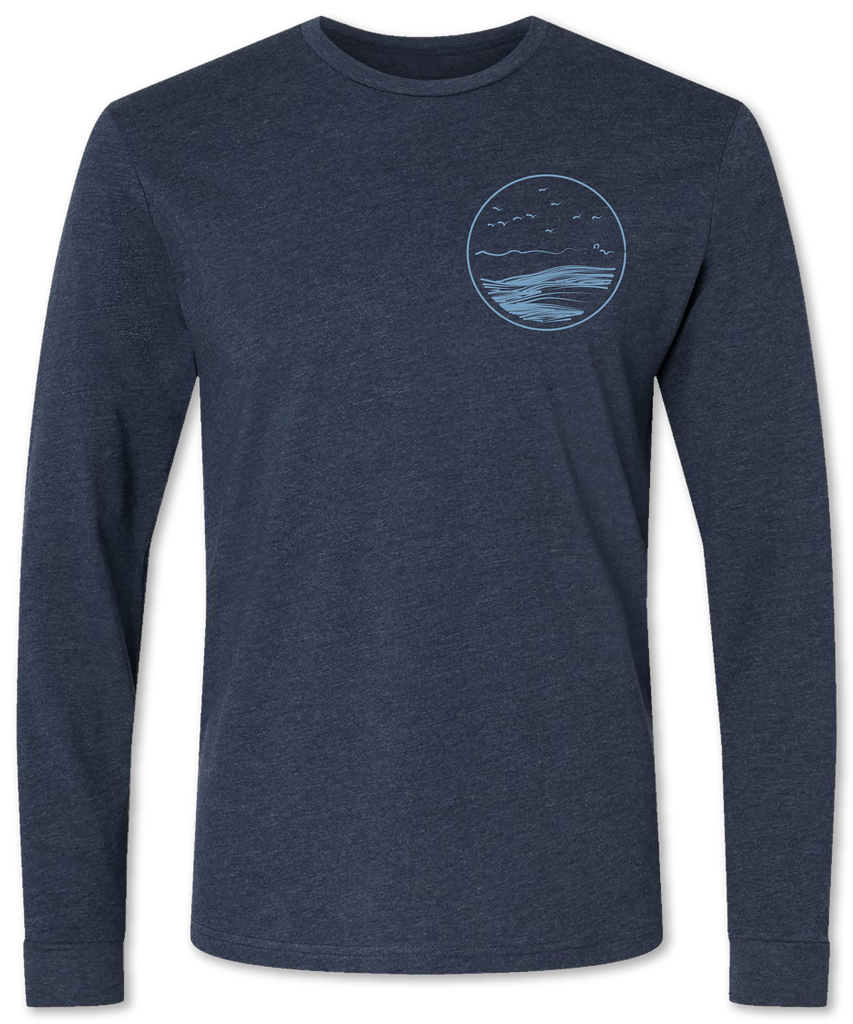 Detailed hand drawn wave on a men’s long sleeve shirt 