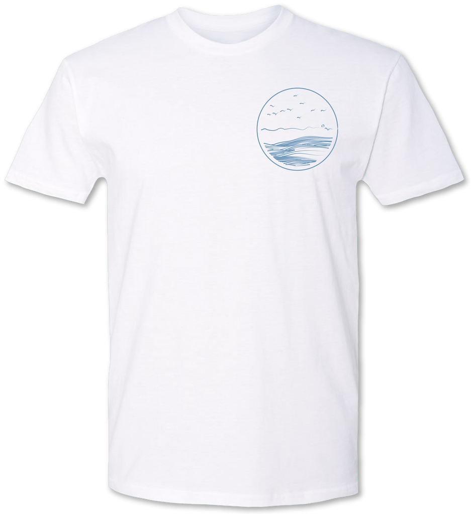 Small hand drawn chest print of an ocean on a premium tee shirt