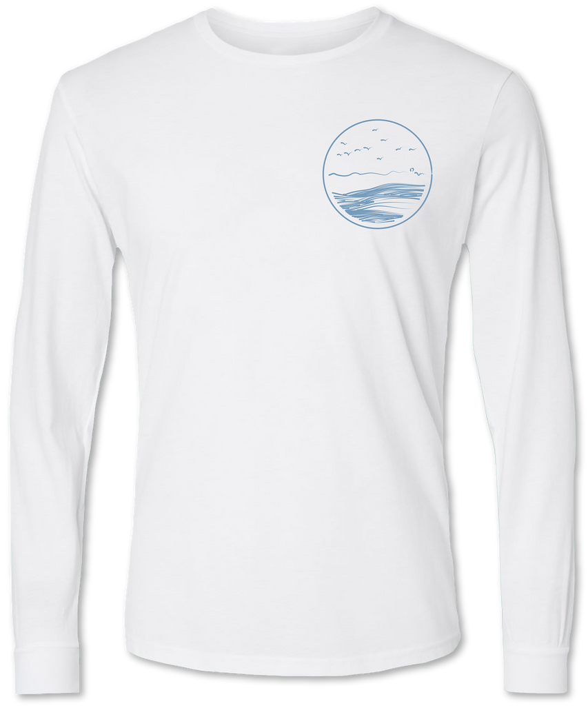 Comfy and stylish men’s long sleeve shirt with a hand drawn wave on it