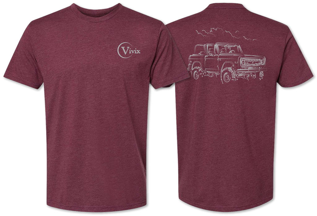 Hand drawn rendition of a Ford Bronco on a men’s tee shirt 