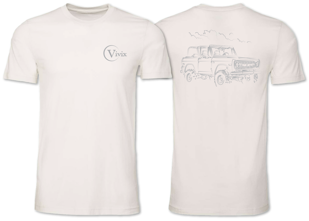 Front and back art of a Ford Bronco on a premium unisex tee shirt 