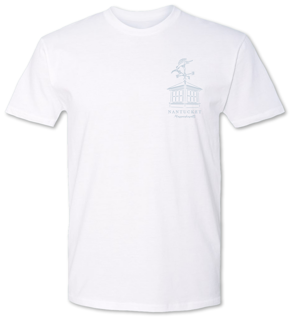 Hand drawn widows peak and weather vane on a high quality men’s tee shirt