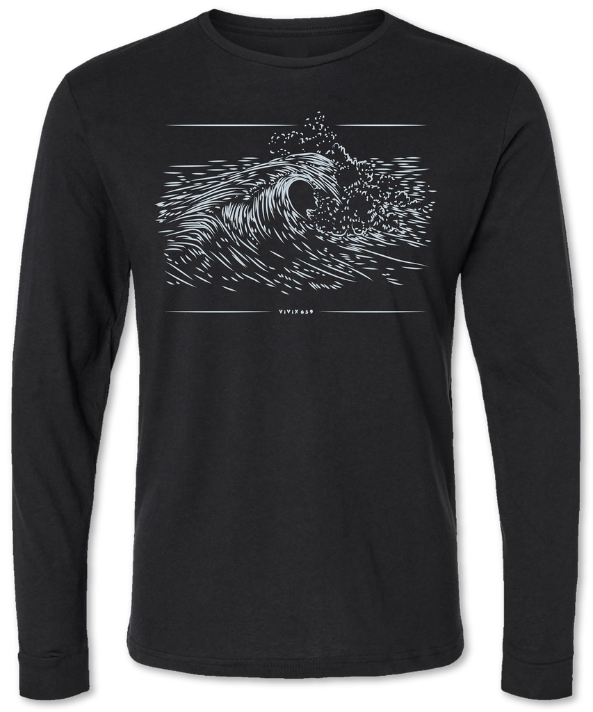 Quality long sleeve tee shirt with a hand drawn wave on it