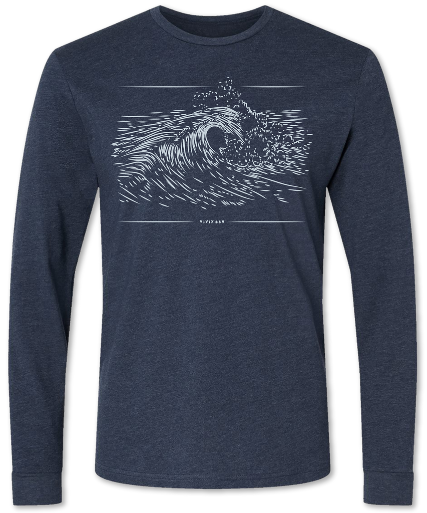 Unisex long sleeve tee shirt with a cool hand drawn wave on it