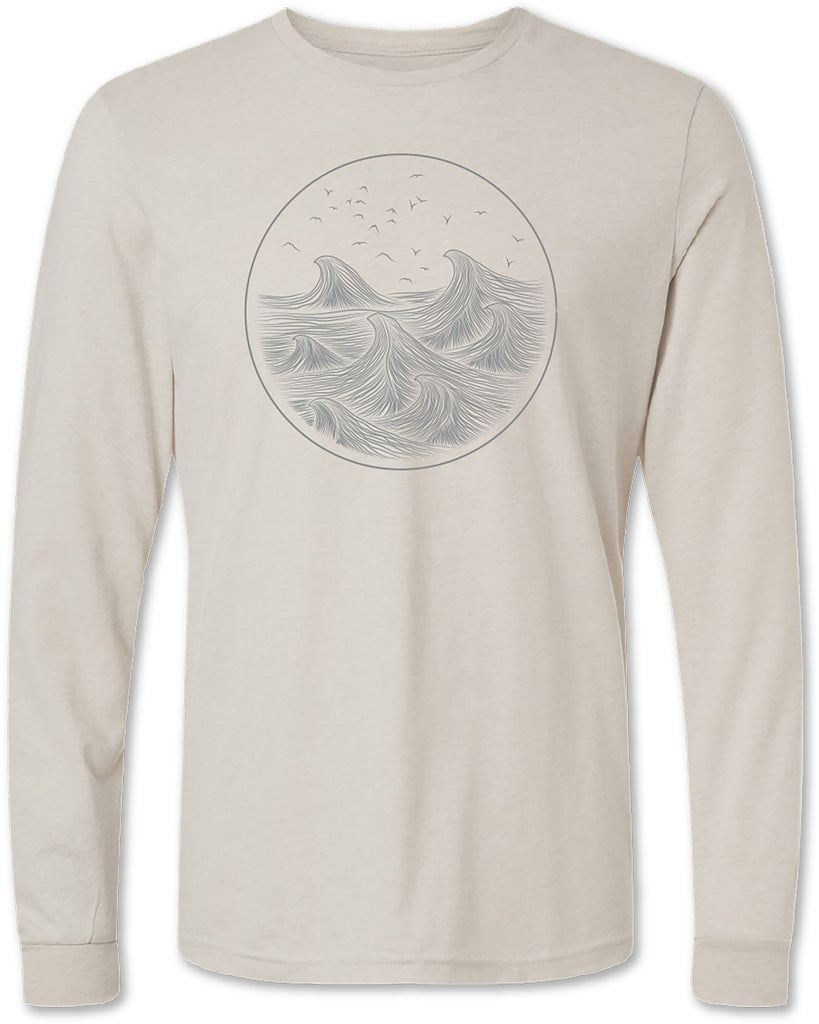 Hand drawn waves design on a premium long sleeve tee shirt