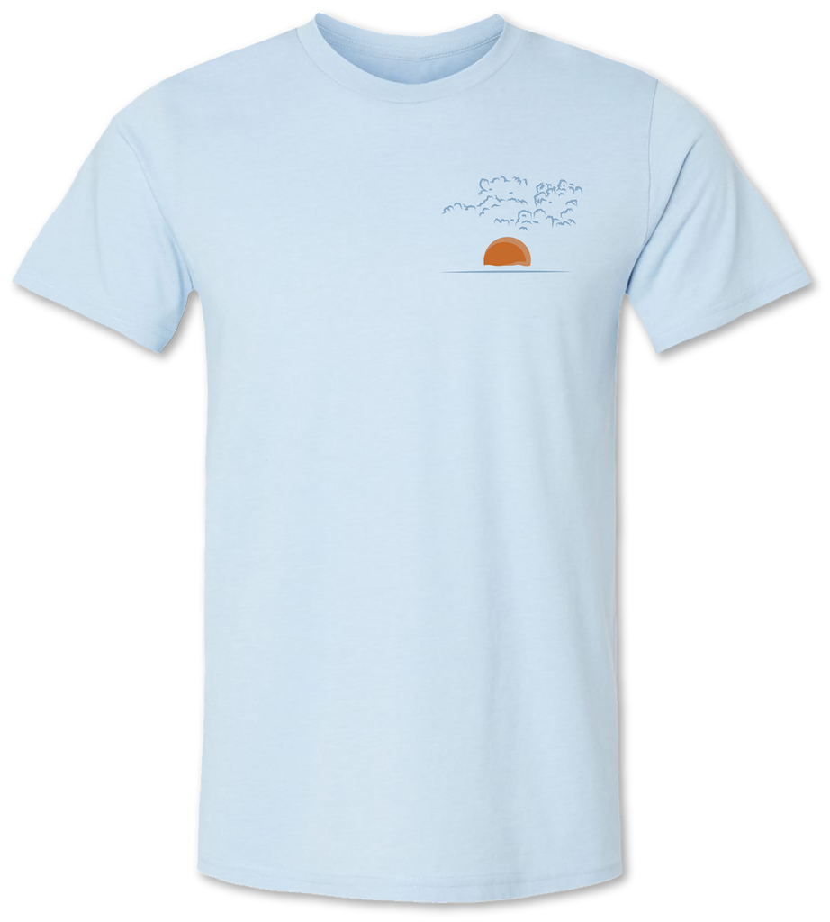 Bright artistic rendition of an orange sun with sky on a quality tee shirt for men and women 