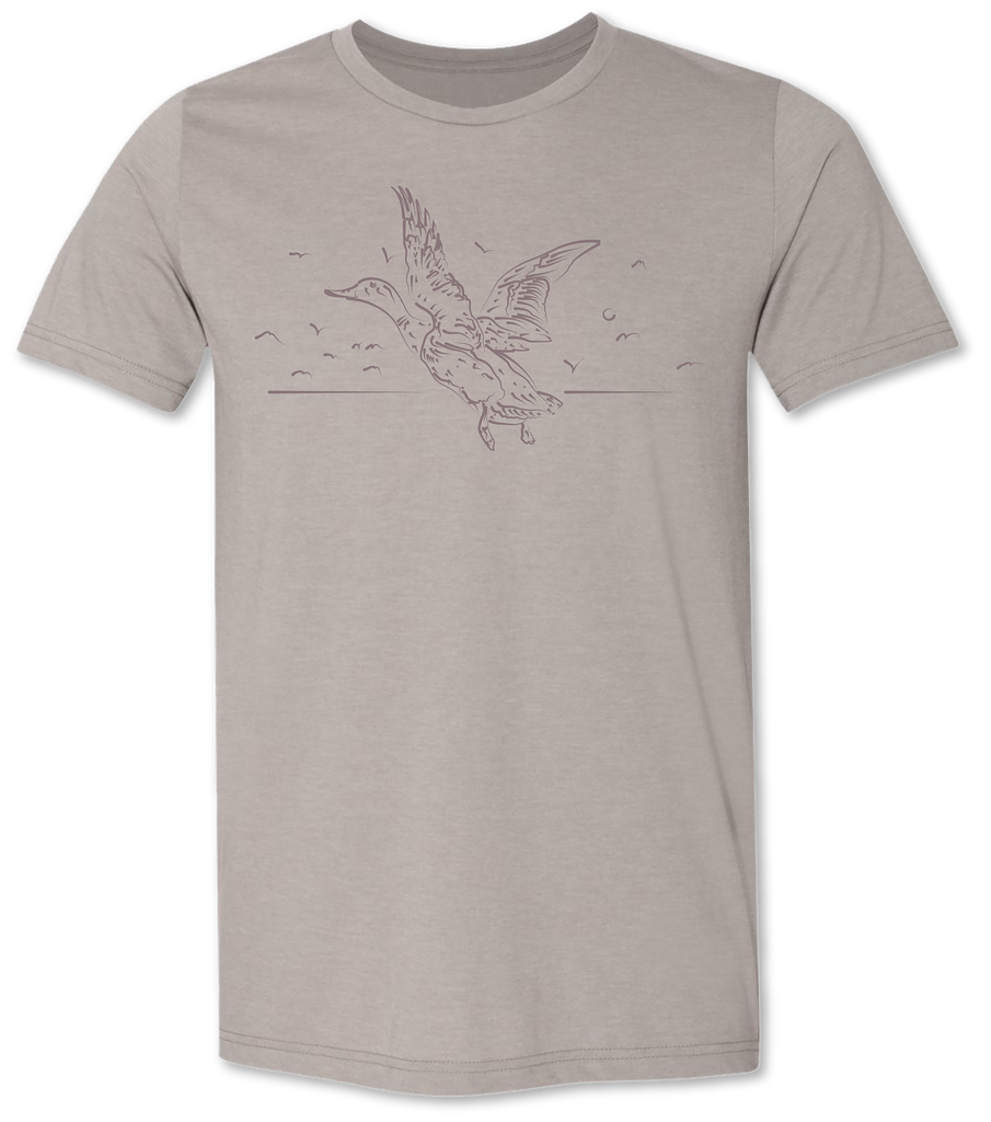 Unique and hand drawn flying duck tee shirt for men and women