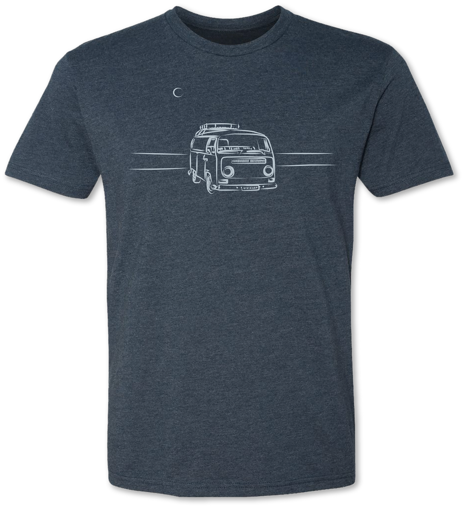 Unique and hand drawn VW Bus design on a men’s and women’s tee shirt