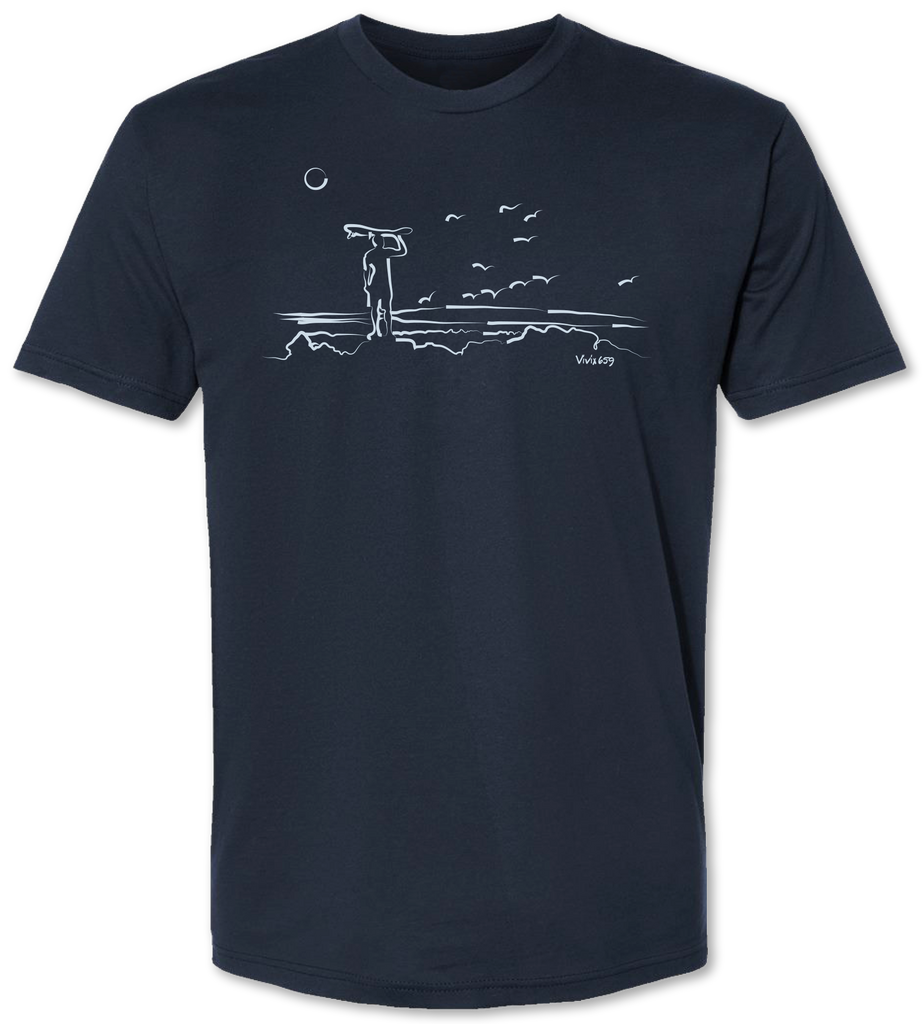 Artistic rendition of a person watching the ocean on a premium tee shirt 