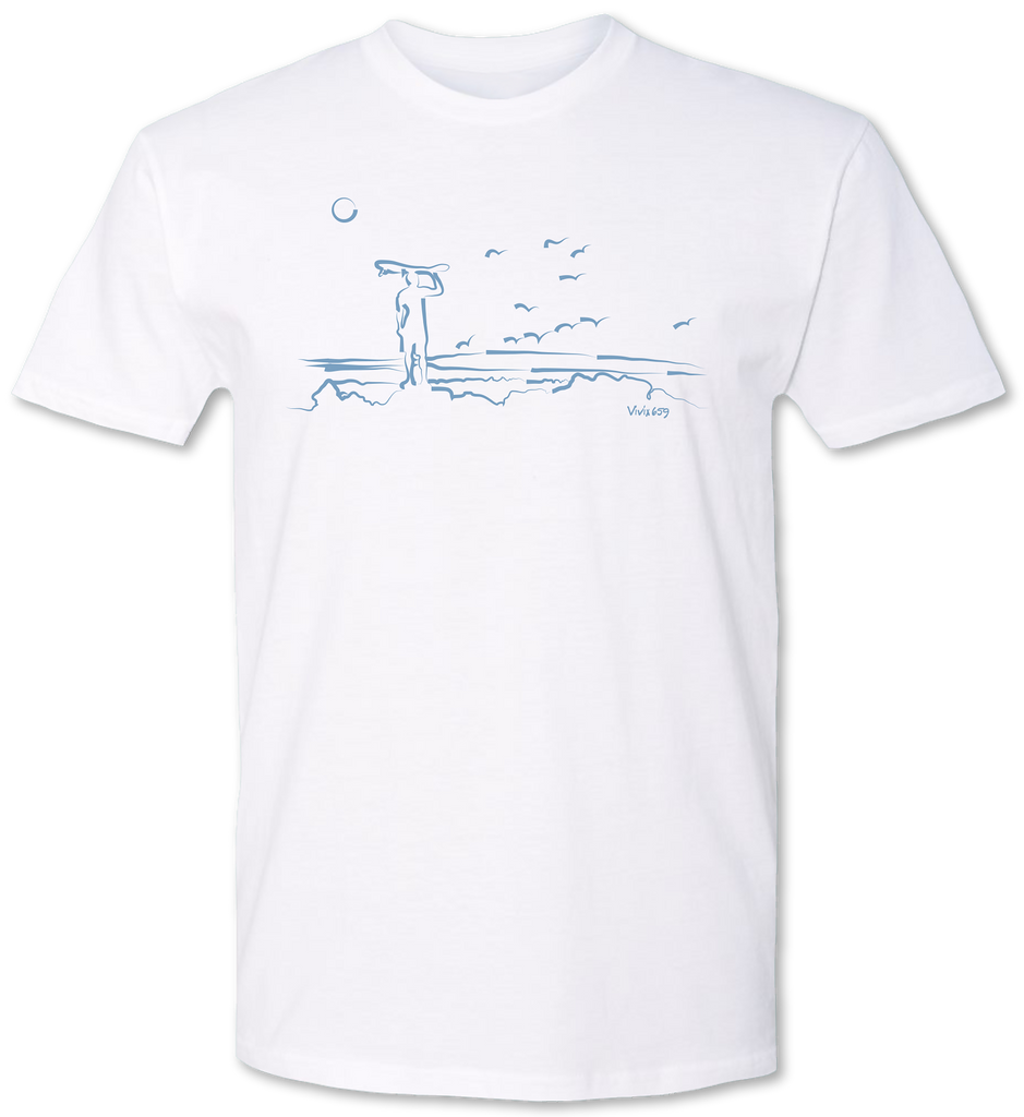 Hand drawn man with a surf board watching the ocean on a premium tee shirt