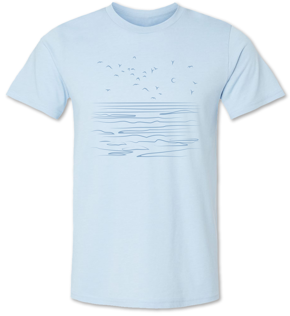 Ocean shore line tee shirt on a men’s shirt