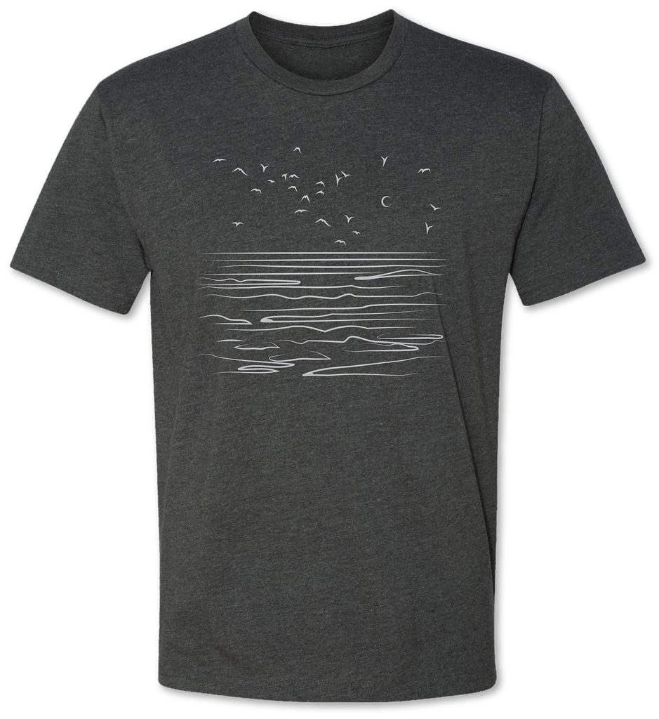 Men’s and women’s tee shirt with the ocean or lake shore on it
