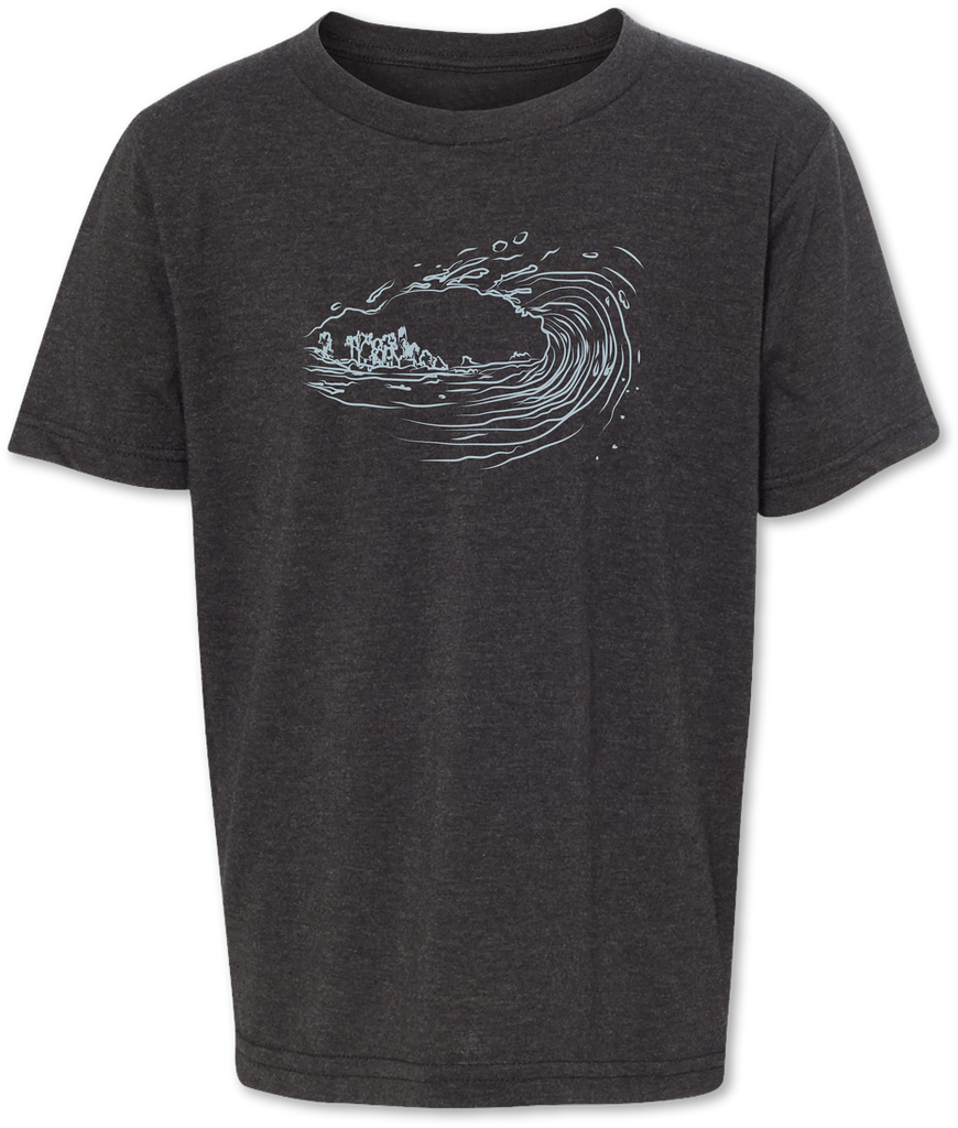 Hand drawn rendition of a wave on a kid’s tee shirt