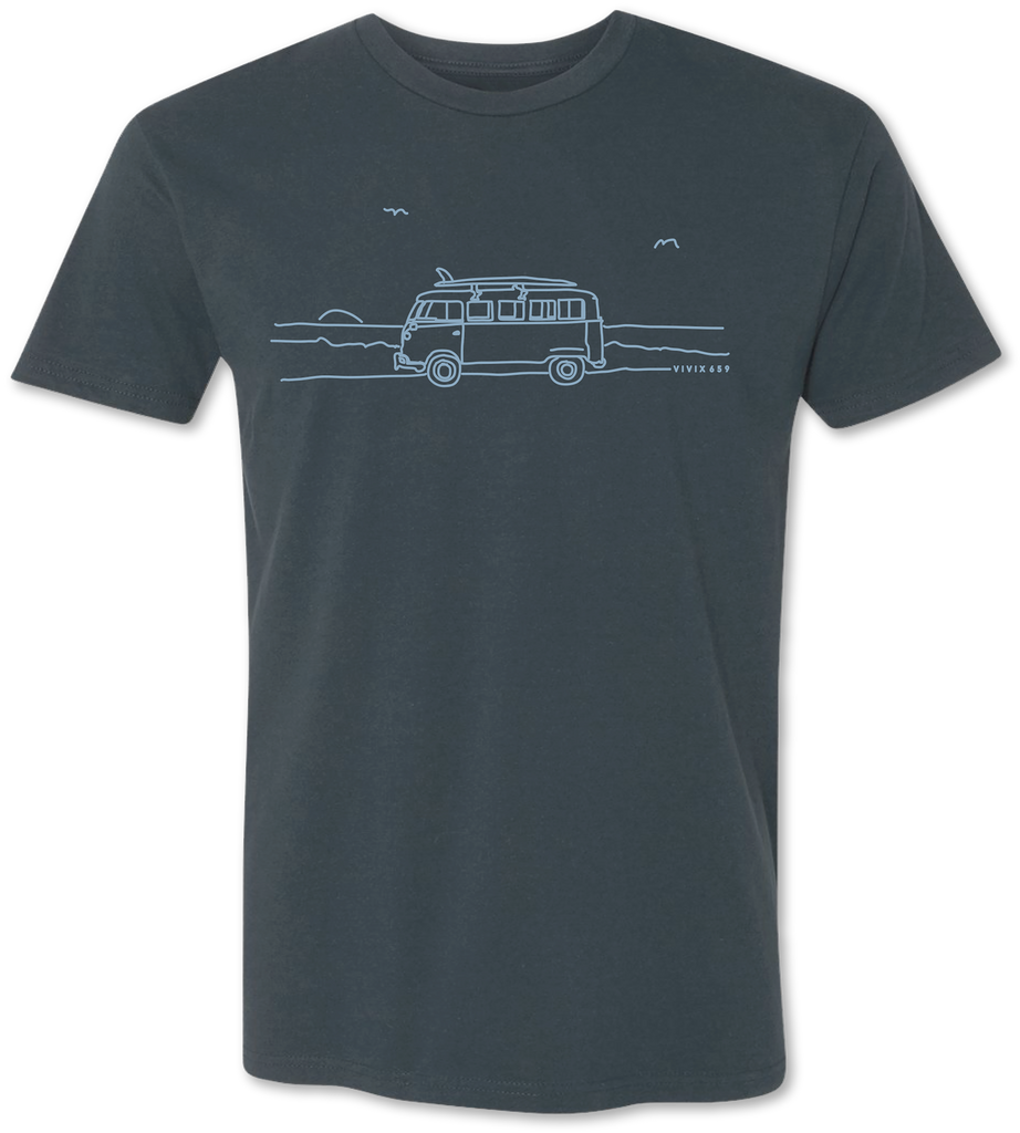 Quality unisex tee shirt with a hand drawn rendition of a Volkswagen Bus