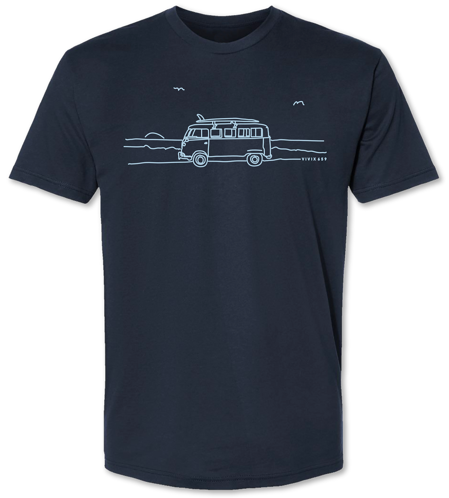 Hand drawn rendition of a vintage VW Bus on a premium men’s tee shirt