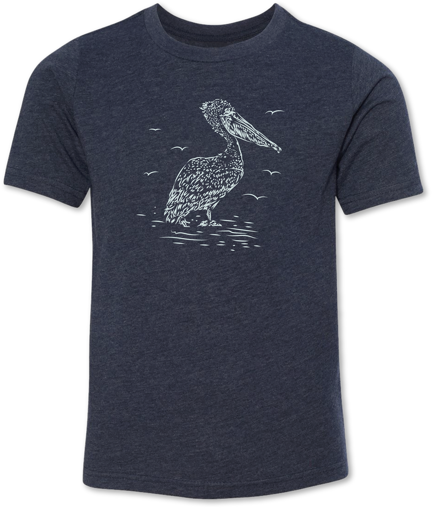 Hand drawn rendition of a pelican on a kid’s tee shirt