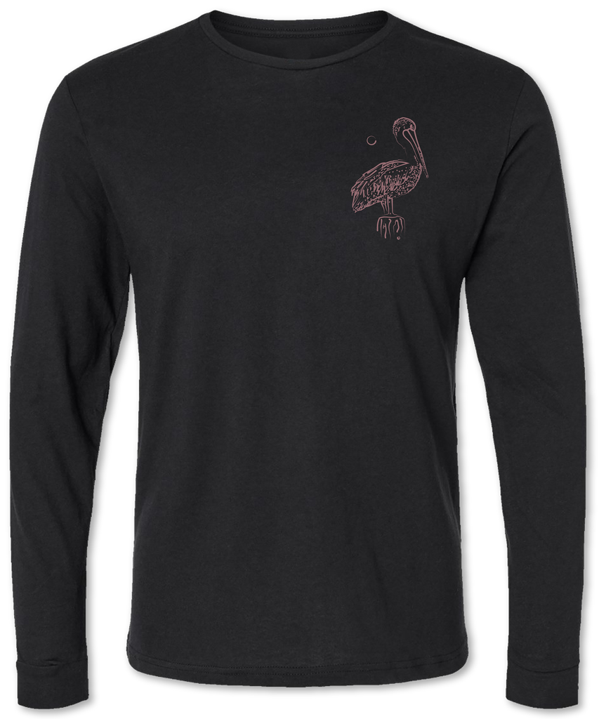 Hand drawn pelican on a high quality long sleeve tee shirt 