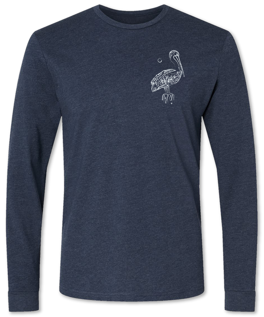 Detailed and hand drawn pelican on a premium long sleeve tee shirt