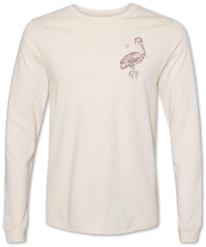 Hand drawn pelican design on a premium unisex long sleeve tee shirt 