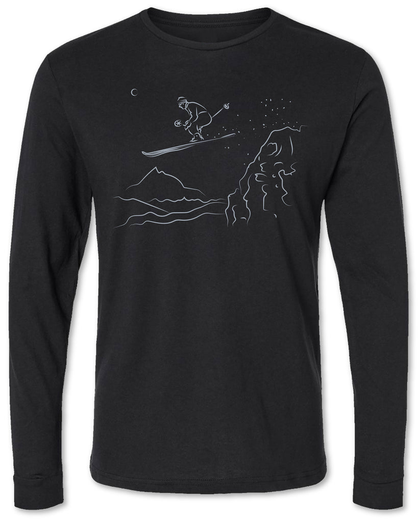 Hand drawn long sleeve tee shirt with a skier on it