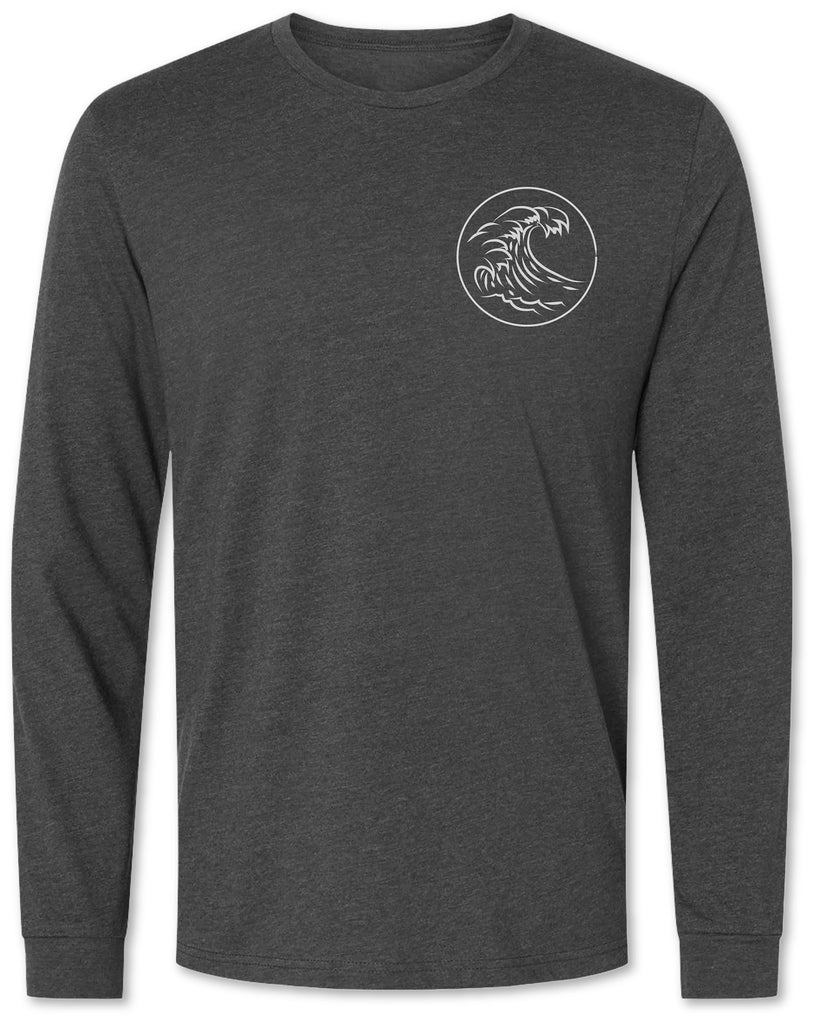 Hand drawn crashing wave design on a premium long sleeve tee shirt