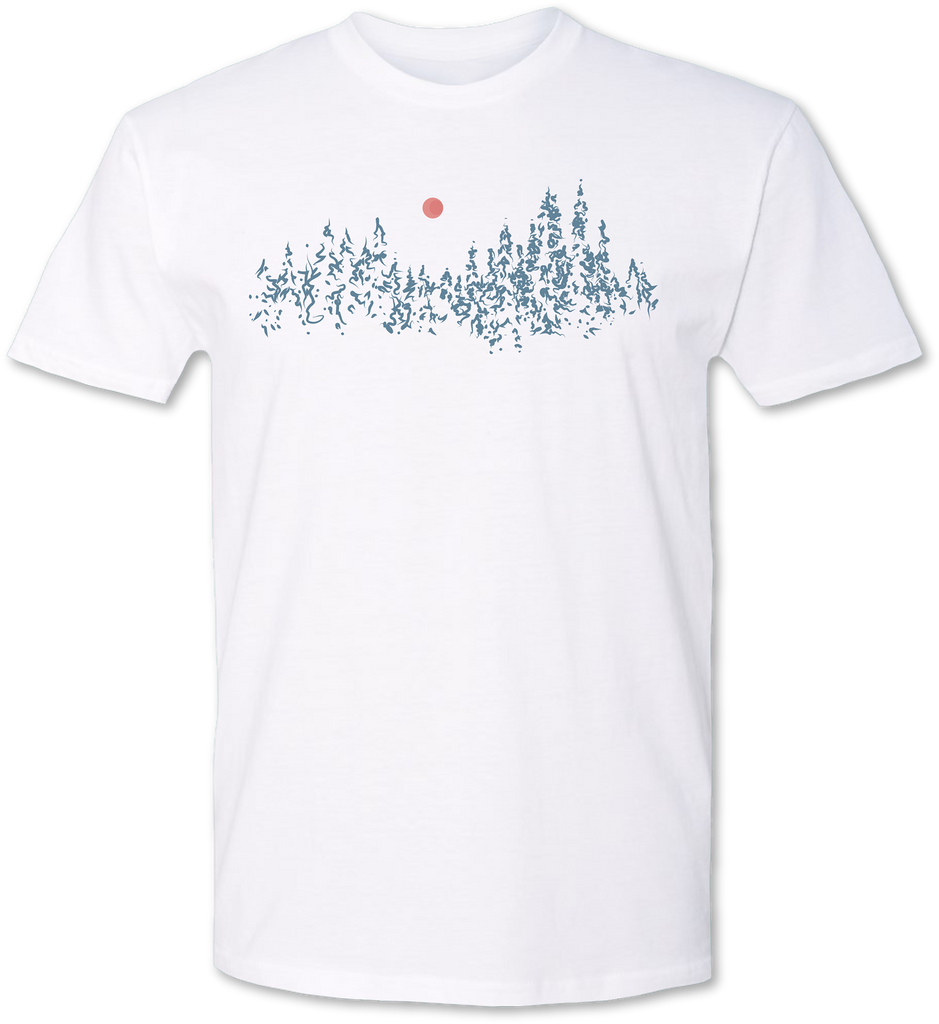 Hand drawn pine trees with a bright sun on a men’s tee shirt