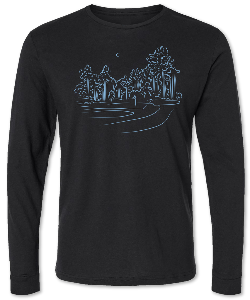 Premium unisex long sleeve tee shirt with a hand drawn golf course