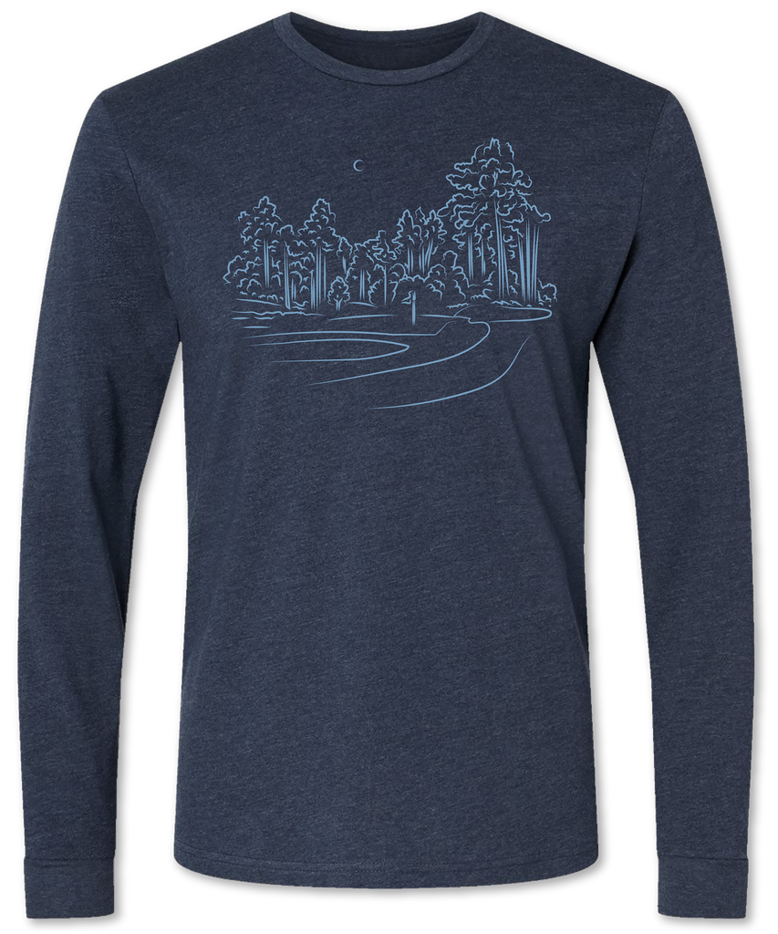 Quality long sleeve tee shirt with a hand drawn golf course on it for men and 