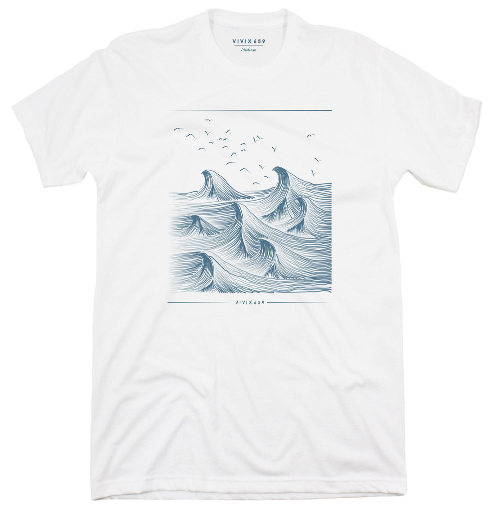 Ocean inspired hand drawn waves tee shirt